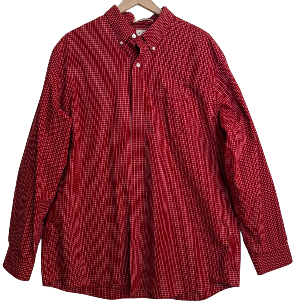 LL Bean Classic Red Checkered Men's Long Sleeve Button Down Shirt - Size XL